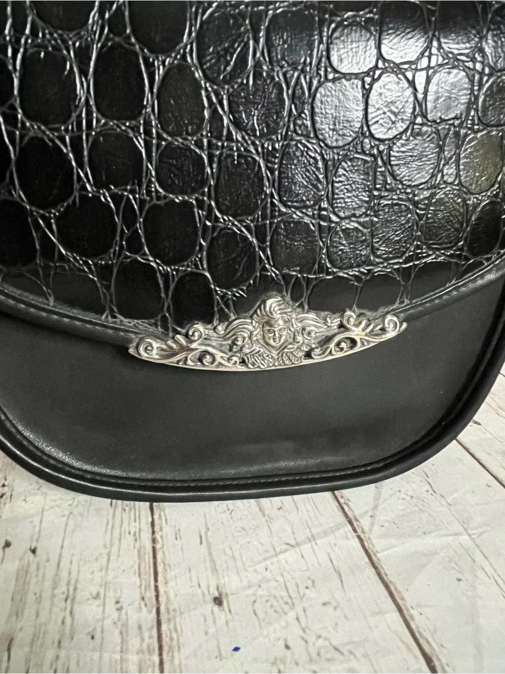 Black Croc Pattern Purse Vintage With Silver Cherub Design